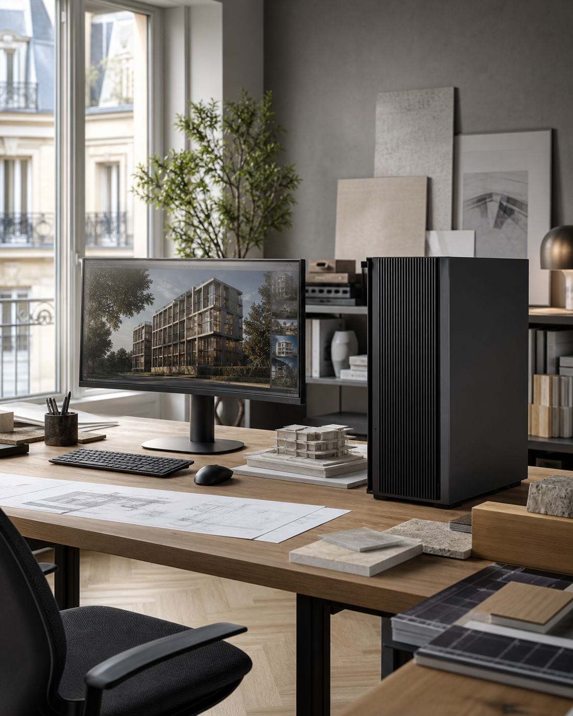 Architecture interne d'une station de travail avec flux d'air et composants repérés